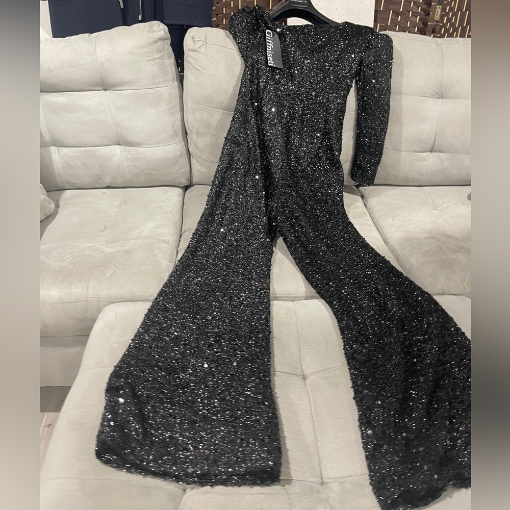 Elegant Black Sequin Jumpsuit one shoulder